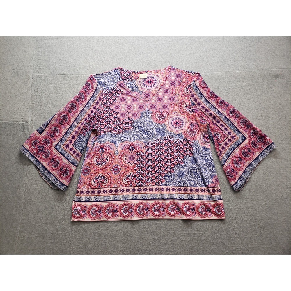 Chicos Women Tops 3 Multicolor Floral V Neck Wide Bell Sleeve Pullover Casual